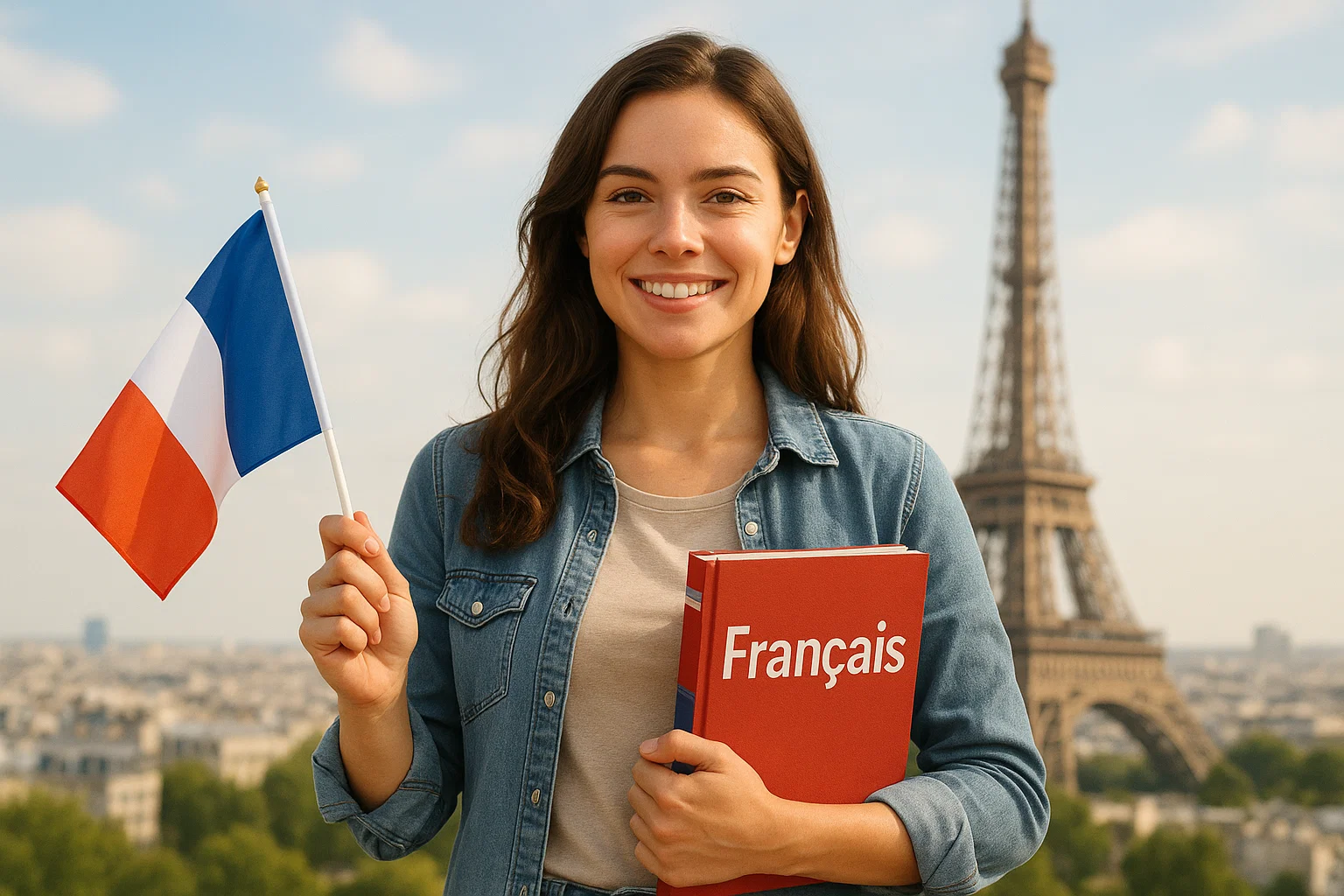Illustration d'une femme portant le drapeau français devant la Tour Eiffel